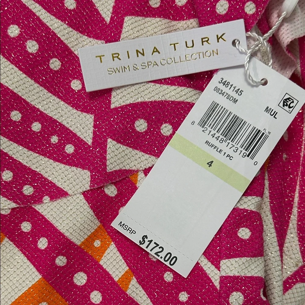 NWT🧡TRINA TURK🩷Tropics Off The Shoulder One Piece Swimsuit- Pink & Orange Ruffle